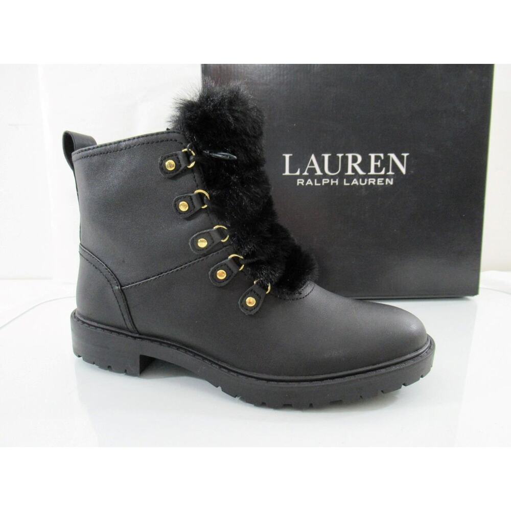 Lauren Ralph Lauren Elliot Waterproof Lace Up Boots Fur Leather Black Size 7